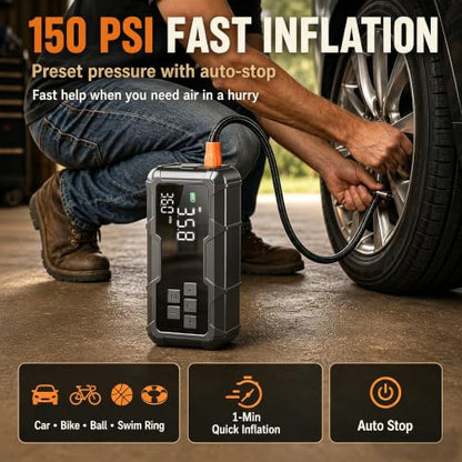 9000A Car Jump Starter with Air Compressor, Portable Battery Booster Pack Tire Inflator, Power Bank Cars Owner SUVs Trucks Road Trips Gift