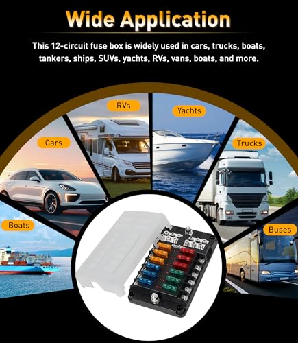 12 Way Fuse Block, Fuse Blocks 12 Volt Automotive with LED Indicator Water Resistant Marine Fuse Panel, Fuse Box 12V with 36 Blade Fuses for 12V/24V Auto Boat RV Golf Cart Truck Car Marine - color: 12 Way Fuse Block