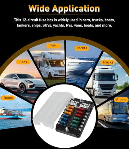 12 Way Fuse Block, Fuse Blocks 12 Volt Automotive with LED Indicator Water Resistant Marine Fuse Panel, Fuse Box 12V with 36 Blade Fuses for 12V/24V Auto Boat RV Golf Cart Truck Car Marine - color: 12 Way Fuse Block
