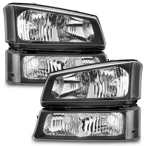 WEELMOTO Halogen Headlights Assembly for 2003-2007 Chevy Silverado - color: Clear Lens l Black Housing l Clear Reflector