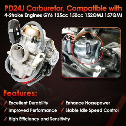 PD24J Carburetor 24mm, Fit for GY6 125cc 150cc 4 Stroke Scooter Engines - size: Carburetor with Intake Manifold