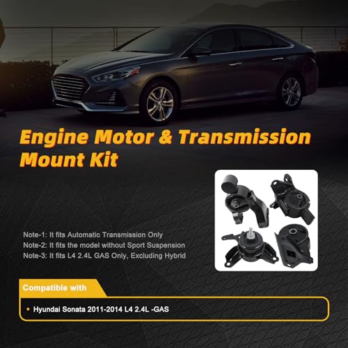 4pcs Engine Motor Transmission Mount Set Compatible with Hyundai Sonata 2011-2014 L4 2.4L -Gas, Automatic Transmission Replace A71015 A71081 A7170 A71011