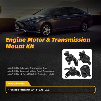 4pcs Engine Motor Transmission Mount Set Compatible with Hyundai Sonata 2011-2014 L4 2.4L -Gas, Automatic Transmission Replace A71015 A71081 A7170 A71011