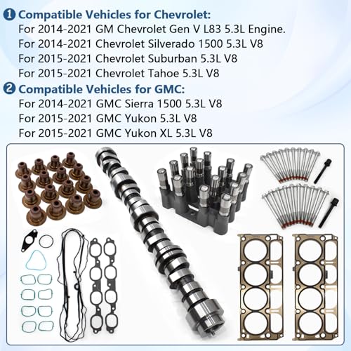 L83 NON AFM DOD 5.3 Camshaft Kit with Head Gasket Set, LS7 Lifter for 2014-2021 Chevrolet Silverado Suburban Tahoe GMC Sierra Yukon Gen V #12499225,HS26744PT, EG365