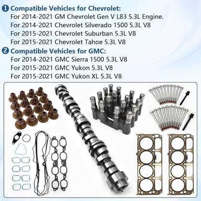 L83 NON AFM DOD 5.3 Camshaft Kit with Head Gasket Set, LS7 Lifter for 2014-2021 Chevrolet Silverado Suburban Tahoe GMC Sierra Yukon Gen V #12499225,HS26744PT, EG365