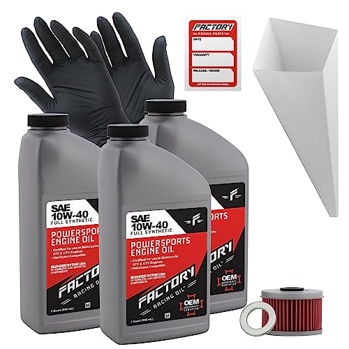 Factory Racing Parts Oil Change Kit compatible with Honda XR500R XR600R TRX300 TRX350 TRX400 – Includes 3 Quarts of 10W-40 Full Synthetic Oil, 1 Filter, 1 Crush Washer, 1 Funnel, 1 Oil Change Sticker