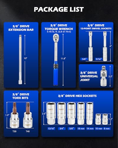 OMT 14pc Spark Plug Socket Set, 3/8" Drive 5-45 Ft.Lb Torque Wrench - size: 14pc Advanced Set