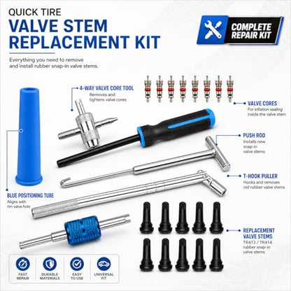 Valve Stem and Core Removal Replacement Tool Kit,Valve Stem Installation Tool Without Removing Tire,Snap Fix Mate Valve Stem with 5 TR413/TR414 for Cars Motorcycles Lawn Mowers ATVs