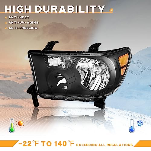 WEELMOTO Headlights for 07-13 Toyota Tundra, Fits Models W/O Level Adjuster - color: Clear Lens I Black Housing I Amber Reflector