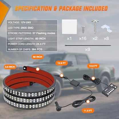 Nilight 60 Inch Emergency Strobe Light Strips with Controller Red White - color: 60" Tailgate Strobe w/ Controller Red/White