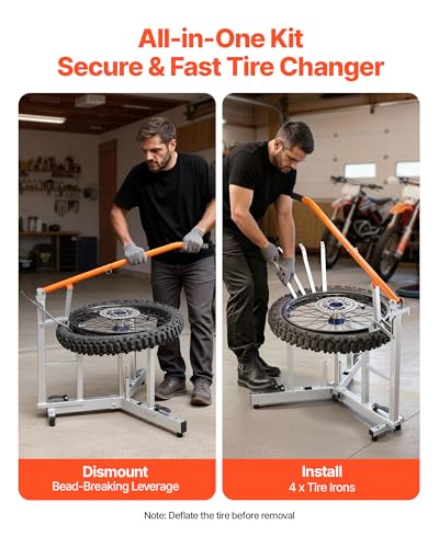 VEVOR Dirt Bike and Dual Sport Tire Changer, Fits for 16"-21" Wheels, 15/17/20/25 mm Axles, Heavy Duty Dirt Bike Tire Changing Tool Kit with Bead Breaker, Irons, Protective Sleeves, and Storage Bag