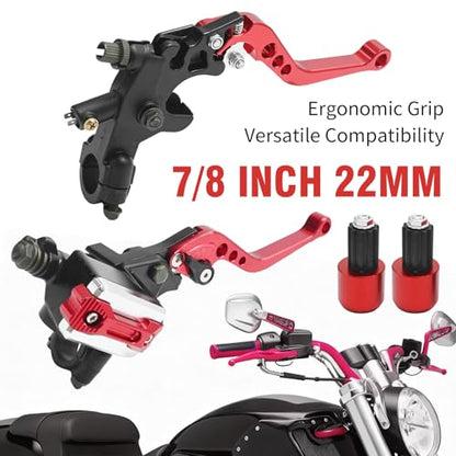 Universal Motorcycle Brake Lever 7/8" 22mm Handlebar Brake Master Cylinder Clutch Levers Set, Hand Grips, Handlebar Ends Replacement for Harley Honda Kawasaki Suzuki Yamaha, Red Left + Right