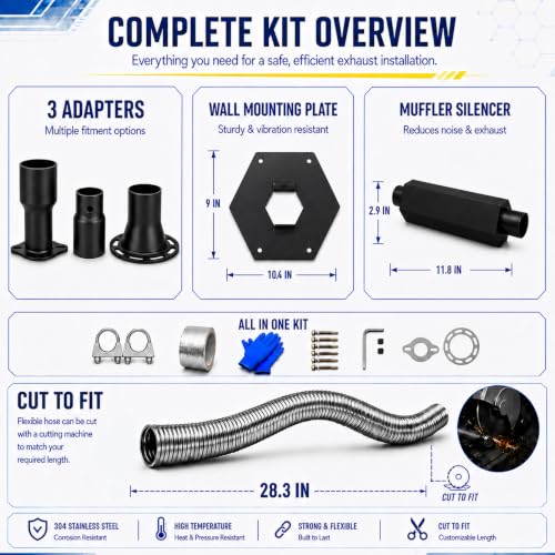 Generator Exhaust Extension Kit (Used in Shed Box), Portable Generator Exhaust Silencer Kit with Three Universal Adapters, Generator Muffler Exhaust Noise Reduce 80% (Black, 28.21" Hose)