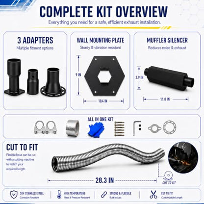 Generator Exhaust Extension Kit (Used in Shed Box), Portable Generator Exhaust Silencer Kit with Three Universal Adapters, Generator Muffler Exhaust Noise Reduce 80% (Black, 28.21" Hose)