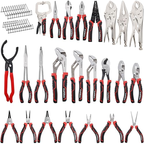 24 PC Pliers Tool Set with Storage Rack, Snap Ring, Needle Nose,Long Reach,Lineman's,Groove Joint and Diagonal Cutting Pliers,Cable Cutter,Wire Stripper for Plyers Home Use, Holiday,Fathers' Day Gift