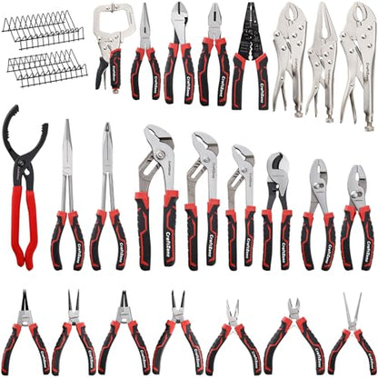 24 PC Pliers Tool Set with Storage Rack, Snap Ring, Needle Nose,Long Reach,Lineman's,Groove Joint and Diagonal Cutting Pliers,Cable Cutter,Wire Stripper for Plyers Home Use, Holiday,Fathers' Day Gift