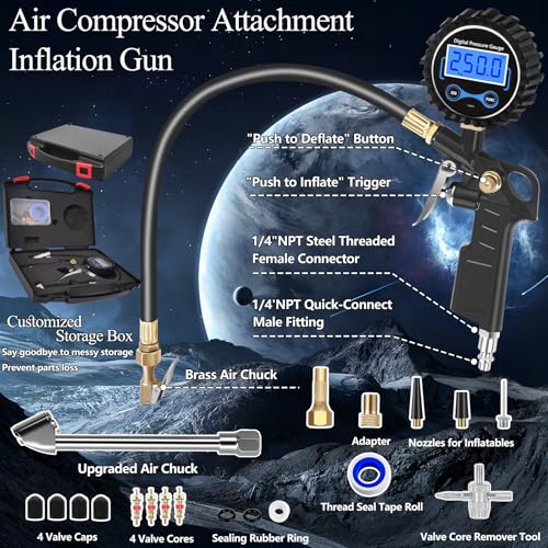 Digital Tire Pressure Gauge with Inflator 250 PSI, Heavy Duty 360° Air Chuck Air Compressor Attachments, Improved Leaks Protection & Extended Hose Tire Gauge, 0.1 Display Resolution, with Storage Box
