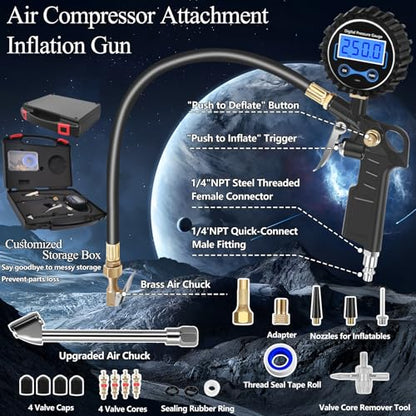 Digital Tire Pressure Gauge with Inflator 250 PSI, Heavy Duty 360° Air Chuck Air Compressor Attachments, Improved Leaks Protection & Extended Hose Tire Gauge, 0.1 Display Resolution, with Storage Box