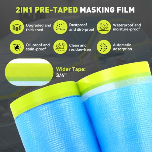 VOISEN 1 Roll Pre-Taped Masking Film for Painting-22 x 66',Painters Plastic Sheeting with Widened Automotive Masking Tape, Plastic Tarp for Painting, Film for Car, Wall Protection - color: 1 Roll