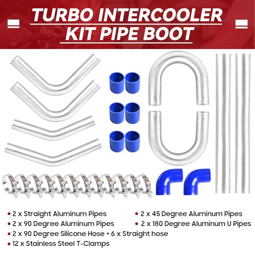 3 Inch Intercooler Kit Universal Aluminum Turbo Intercooler U-Pipe Kit with Coupler and T-Clamps DIY, Pipe Length 19.69" - Blue - size: 3 Inch-50cm