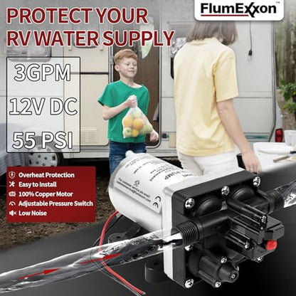 RV Water Pump 4008-101-A65/E65 Replacement, 3.0 GPM 55PSI, 12V DC Quiet RV Fresh Water Pump with Pressure Switch for Camper RV Shower Garden Industrial Yacht Food Truck Travel Trailer