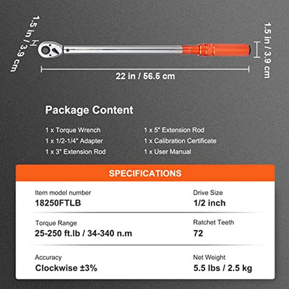 VEVOR 1/2-inch Drive Click Torque Wrench 25-250ft.lb/34-340n.m, Dual-Direction Adjustable Torque Wrench Set with Mechanical Dual Range Scales and Adapters Extension Rod - size: 1/2" 4 PCS