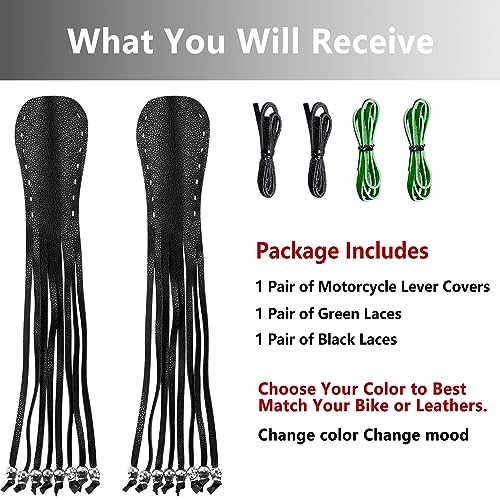 2PCS Faux Leather Motorcycle Lever Covers with Fringes, Motorcycle Brake Clutch Lever Covers Grip Tassels Motorcycle Handlebar Handle Grip Covers, Fringed Leather Lever Covers Wraps with Skulls - color: Black & Green Laces*1 & Black Laces*1