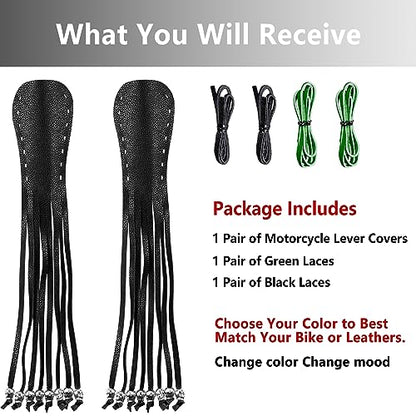 2PCS Faux Leather Motorcycle Lever Covers with Fringes, Motorcycle Brake Clutch Lever Covers Grip Tassels Motorcycle Handlebar Handle Grip Covers, Fringed Leather Lever Covers Wraps with Skulls - color: Black & Green Laces*1 & Black Laces*1
