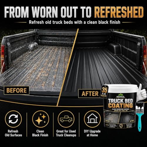 Meuvcol Truck Bed Liner Paint, 35 Oz Black Protective Coating for Pickup Beds, Tailgates, Trailers, Tool Boxes & Metal Surfaces, Brush-On or Roll-On Application with Brush, Gloves & Sandpaper