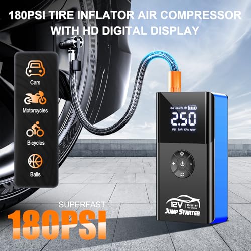 Jump Starter with Air Compressor, 8000A 180PSI, Portable Car Battery Jump Starter (All Gas/12L Diesel) 12V Automobile Jump Box Pack Chargers with Jumper Cables, 4-Mode LED Lights - color: blue