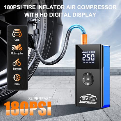 Jump Starter with Air Compressor, 8000A 180PSI, Portable Car Battery Jump Starter (All Gas/12L Diesel) 12V Automobile Jump Box Pack Chargers with Jumper Cables, 4-Mode LED Lights - color: blue