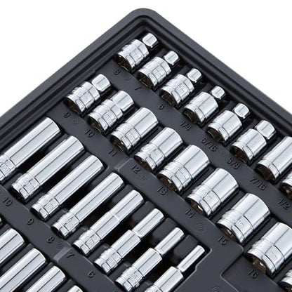 VEVOR Mechanics Tool Set, 297-Piece Mechanic Tool Kit, 1/4 in, 3/8 in, and 1/2 in Drive, SAE and Metric Socket Set, Wrenches, Screwdriver Bits, Accessories, and Storage Case, for Automotive Repair - size: 297-PCS