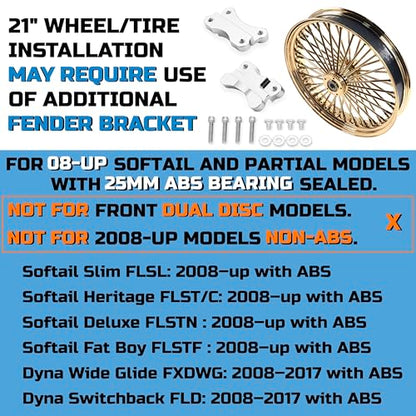 FatFlex Front Wheel for Harley Softail Slim Fat Boy 21” x 3.5” Gold - color: 21*3.5'', Gold+Gold+Gold