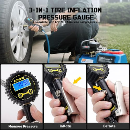 Digital Tire Inflator with Pressure Gauge, 200 PSI, Stainless Braided Hose - size: Standard with 7-Piece Set
