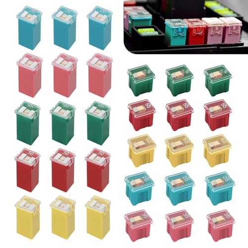 30 PCS Car Cartridge Fuses, Low and Tall Case Fuse Assortment Kit (20A, 30A, 40A, 50A, 60A), Automotive Box Shaped Micro Assortment, for Car Trucks SUVs Boats ATVs UTVs (Multicolored)