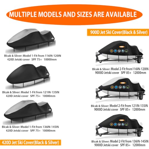 Jet Ski Cover 420D Waterproof for Yamaha Sea-Doo, 136"-145" 3 Seater PWC - color: Black-420-D, size: 3XL-136"-145"