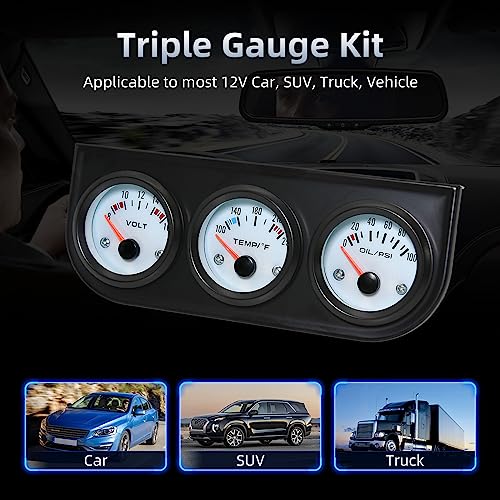 ARTILAURA 52mm Triple Gauge Set (Oil Pressure+Water Temp+Voltmeter) 3 in1 White Triple Meter Kit Dashboard with Black Console for 12V AUTO Car - color: White