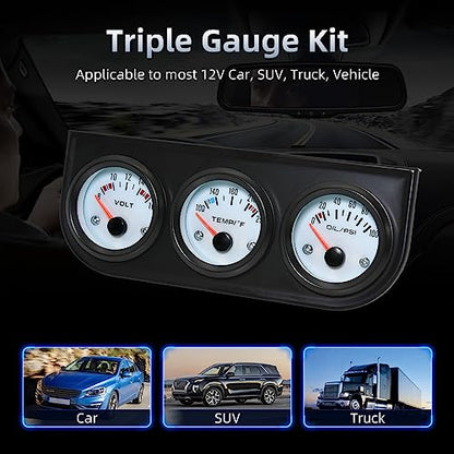 ARTILAURA 52mm Triple Gauge Set (Oil Pressure+Water Temp+Voltmeter) 3 in1 White Triple Meter Kit Dashboard with Black Console for 12V AUTO Car - color: White