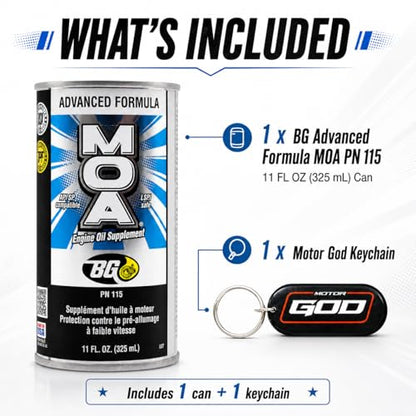 BG Advanced Formula MOA PN 115 Motor Oil Additive, Engine Oil Supplement, 11 fl oz Can with Keychain, Pack of 1