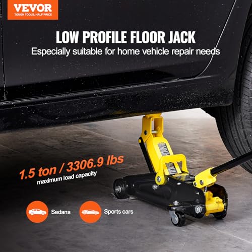 VEVOR Low Profile Floor Jack 1.5 Ton (3300 lbs), Heavy Duty Iron Hydraulic Racing Floor Jack, Hydraulic Car Jack, Single Piston Quick Lift Pump, 4.7"-12.1" Height Lifting Range (Yellow) - size: 1.5T
