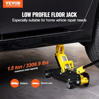 VEVOR Low Profile Floor Jack 1.5 Ton (3300 lbs), Heavy Duty Iron Hydraulic Racing Floor Jack, Hydraulic Car Jack, Single Piston Quick Lift Pump, 4.7"-12.1" Height Lifting Range (Yellow) - size: 1.5T