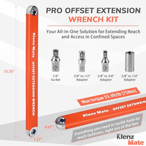 Offset Extension Wrench with 1/4", 3/8", 1/2" Drive Adapters & 1/4" Socket - color: Orange
