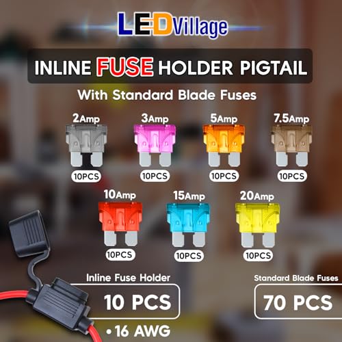 Pack of 10 Inline Fuse Holder 16AWG 1FT – Heavy Duty Automotive Blade Fuse Holder 2A/3A/5A/7.5A/10A/15A/20A Ideal for Car, Marine, Solar, and RV Applications (70 Fuses in Set) - size: 16AWG (10 Pcs)