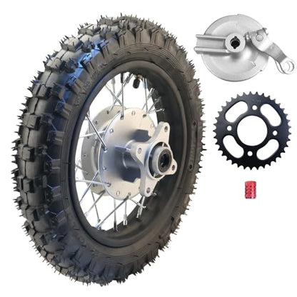 2.5-10 10 Inch Rear Wheel Tire and Rim 12mm Bearing 1.4 x 10 And Drum Brake With 420 37T Sprocket for 50/70/ 90/110cc BBR50 DRZ70 TTR50 DRZ50 CRF50 PW50 TTR50 Chinese SSR Dirt Pit Bike ATVs
