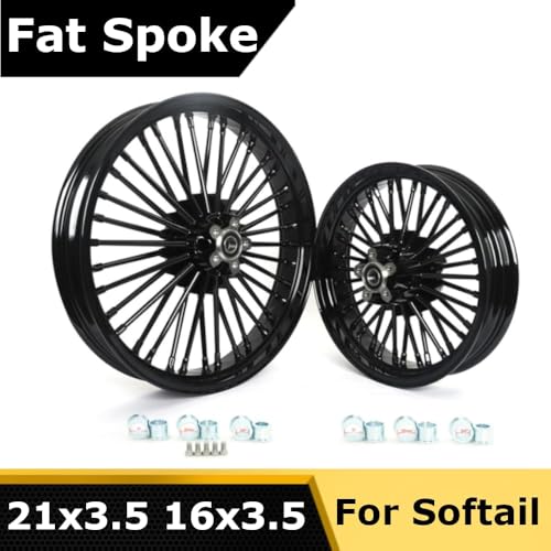 TOFR 21x3.5 16x3.5 Fat Spoke Black Wheels For Harley Softail Choppers 00-22 - color: Gloss Black, size: Front:21x3.5 Rear:16x3.5