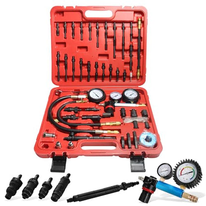 Petrol & Diesel Engine Compression and Leakage Test Kit – 47PCS Comprehensive Pressure Gauge Tool Set for Diagnosing Engine Issues Fits for Most Cars, Trucks and Motorcycles - color: Red