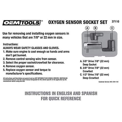 OEMTOOLS 37110 Oxygen Sensor Socket Set, 3 Piece O2 Sensor Wrench Kit with Case, 22mm O2 Sensor Socket Tools for 3/8 Drive and 1/2 Drive Sensor Remover And Installer, Oxygen Sensor Wrench - style: O2 Socket Set