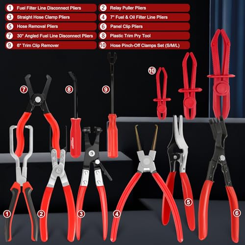 18-Piece Automotive Fuel Line Pliers Set, Fuel Line Disconnect Tool Kit & Hose Clamp Pliers Set with Hose Removal Tools, Relay Puller, Panel Clip Remover, Pinch-Off Clamps, Trim Tools & Toolbox - color: 18 Pcs Hose Clamp Pliers Set