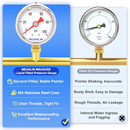 MEANLIN MEASURE 2pcs 0~100Psi Stainless Steel Liquid Filled, 1/8" NPT 1.5" Glycerin Filled Pressure Gauge, Water Oil Air, Lower Mount, with 1/4" NPT and 3/8" NPT Hex Bushing - size: 0-100Psi