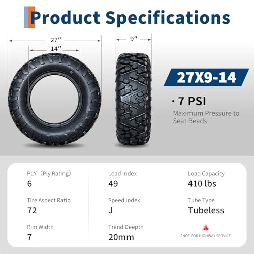 27x9x14 ATV UTV Tires, 27 9 14 All-Terrain Tires,A102, 27x9-14 UTV ATV Tire for Off-Road, Mud, Dirt, Sand, Street Trail, 6PR Tubeless,2 Pack - size: 27X9-14, style: Pattern D